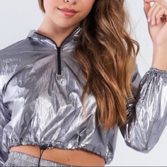 Y2K Blanc Metallic Crop top Shiny 1/4 Zip Long sleeves Drawstring waist Large - Picture 12 of 13